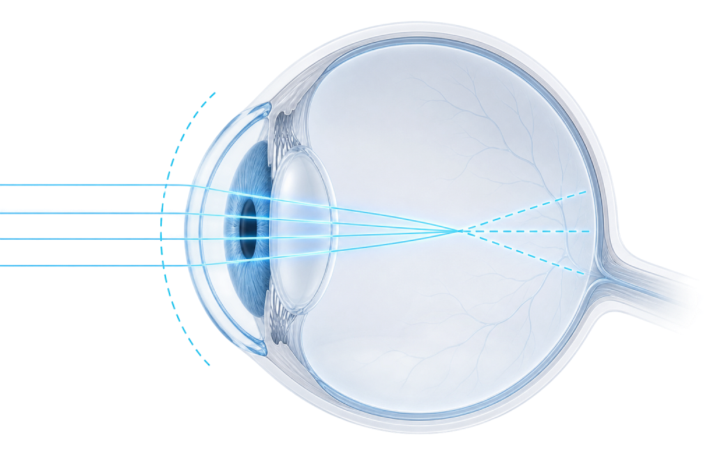 Preoperative corneal astigmatism eye diagram showing light focused behind the retina